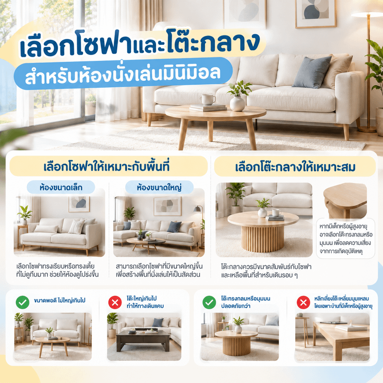 เลือกโซฟาและโต๊ะกลางสำหรับห้องนั่งเล่นมินิมอล