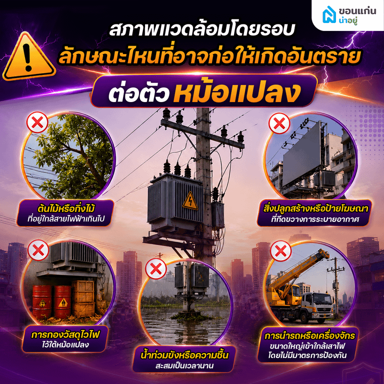 สภาพแวดล้อมโดยรอบเสาไฟลักษณะไหนที่อาจก่อให้เกิดอันตรายต่อตัวหม้อแปลง