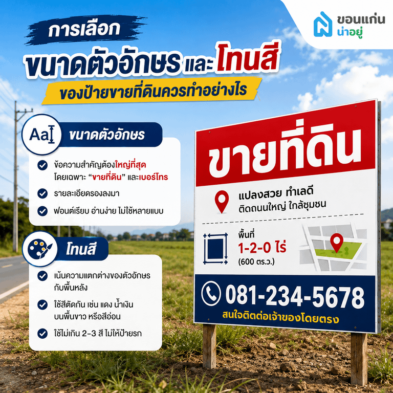 การเลือกขนาดตัวอักษรและโทนสีของป้ายขายที่ดินควรทำอย่างไร