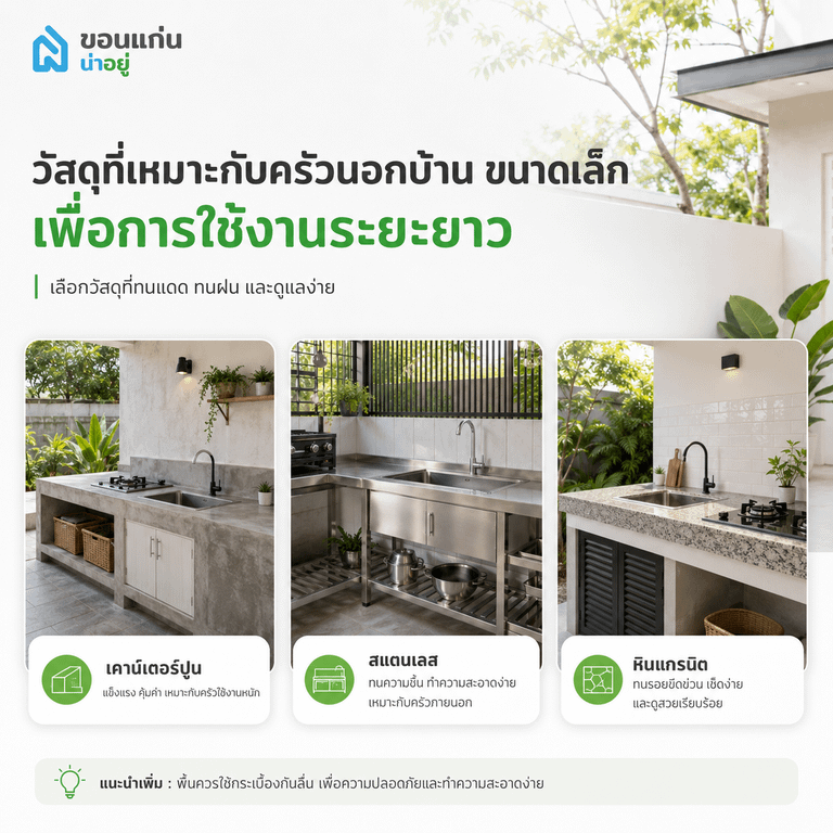 วัสดุที่เหมาะกับแบบครัวนอกบ้าน ขนาดเล็ก เพื่อการใช้งานระยะยาว