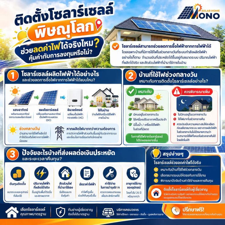 ติดตั้งโซลาร์เซลล์ พิษณุโลก ช่วยลดค่าไฟได้จริงไหม คุ้มค่ากับการลงทุนหรือไม่?