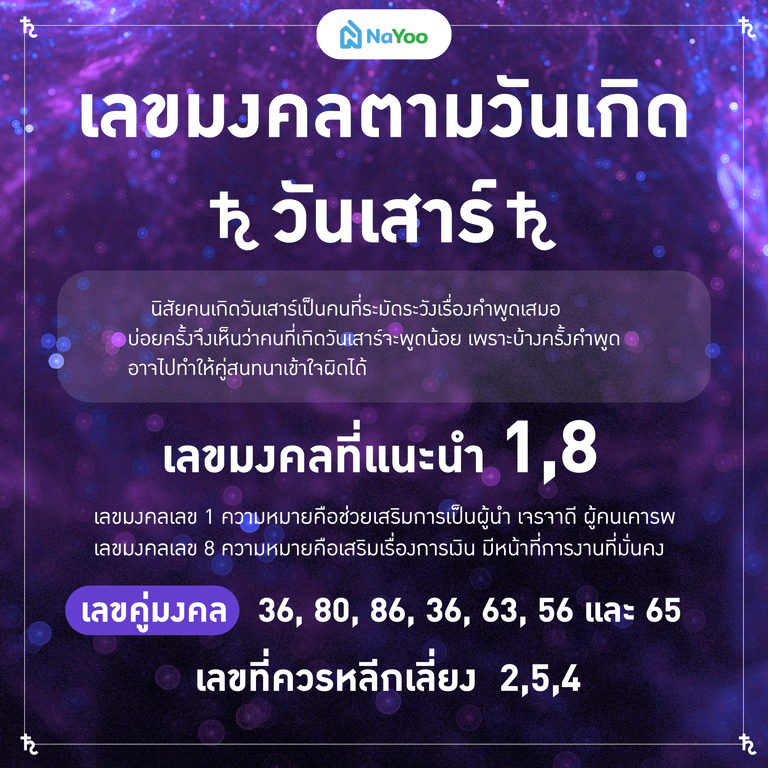 เลขมงคลตามวันเกิด วันเสาร์