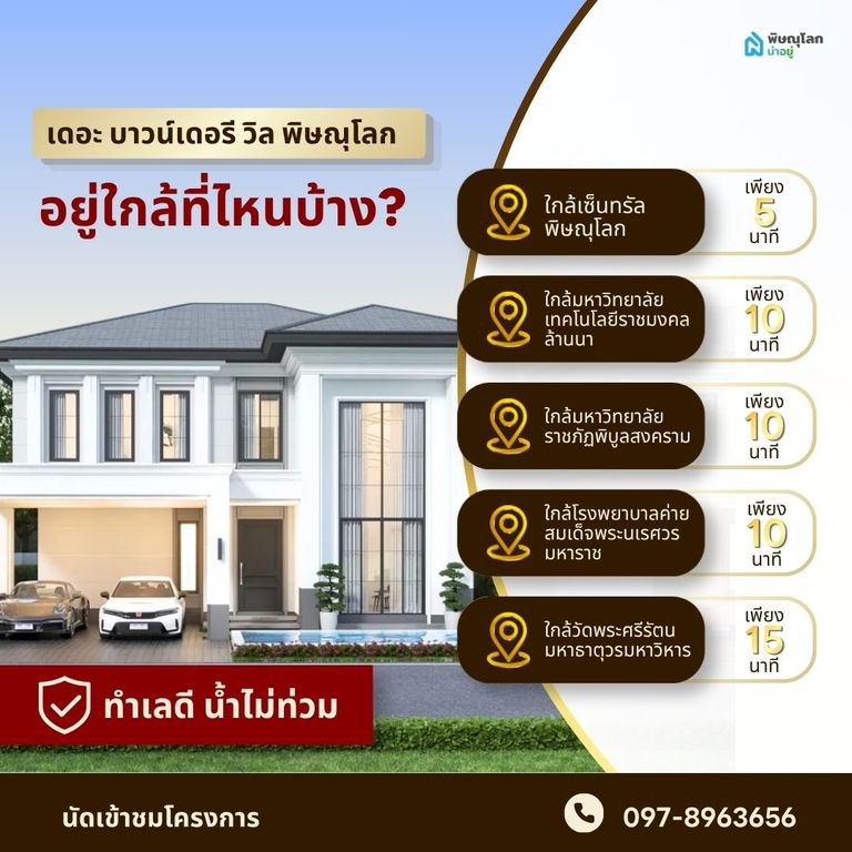 บ้านใกล้เซ็นทรัลพิษณุโลก น้ำไม่ท่วม โครงการ เดอะ บาวน์เดอรี วิล พิษณุโลก อยู่ใกล้ที่ไหนบ้าง?